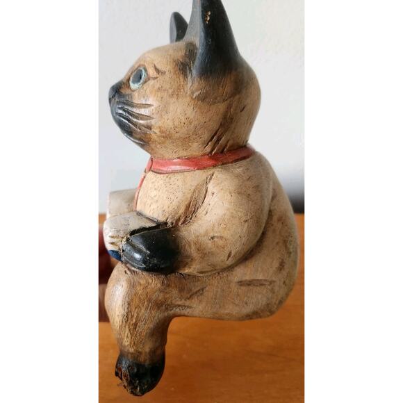 Vintage Folk Art Cat w/ Book & Red Tie Handmade Wooden Whimsical Shelf Sitter 7" - Picture 10 of 11